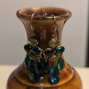 Vintage Monet Goldtone Green Yellow Rhinestone Dangle Pierced Earrings